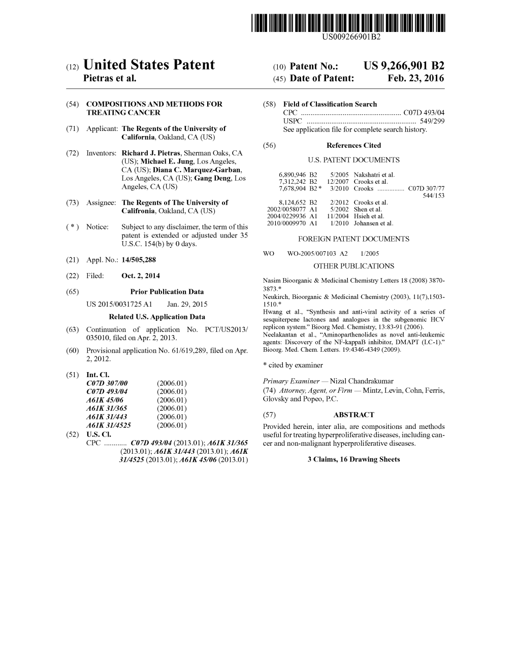 (12) United States Patent (10) Patent No.: US 9.266,901 B2 Pietras Et Al