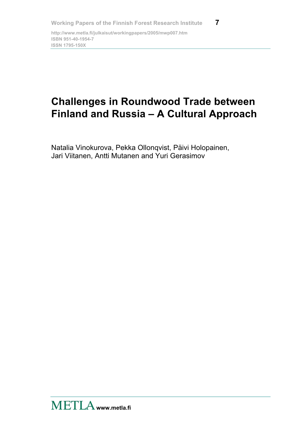 Challenges in Roundwood Trade Between Finland and Russia – a Cultural Approach
