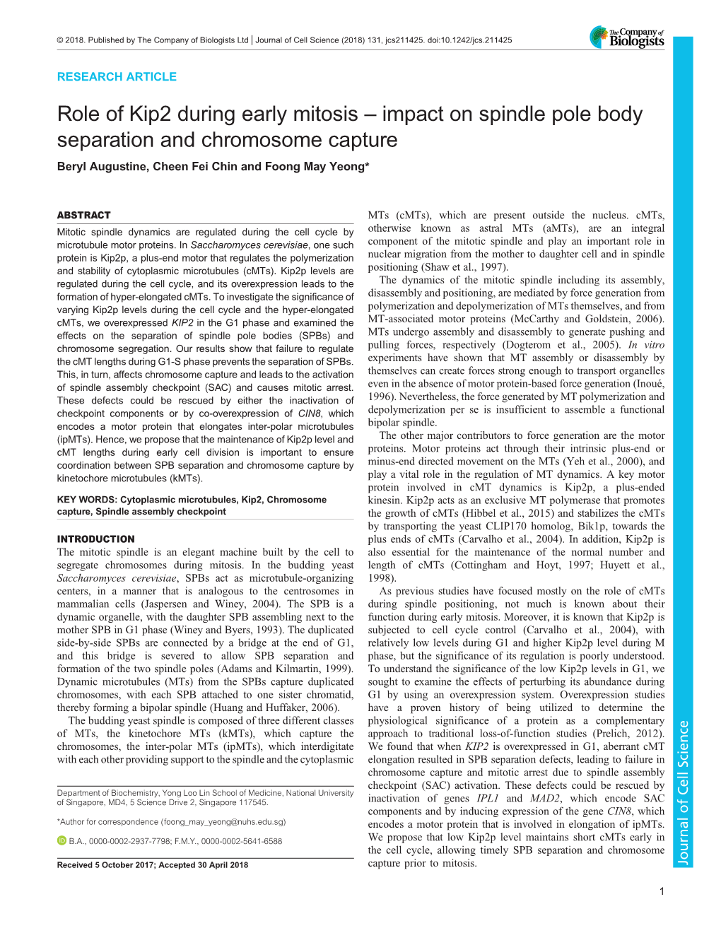 Impact on Spindle Pole Body Separation and Chromosome Capture Beryl Augustine, Cheen Fei Chin and Foong May Yeong*