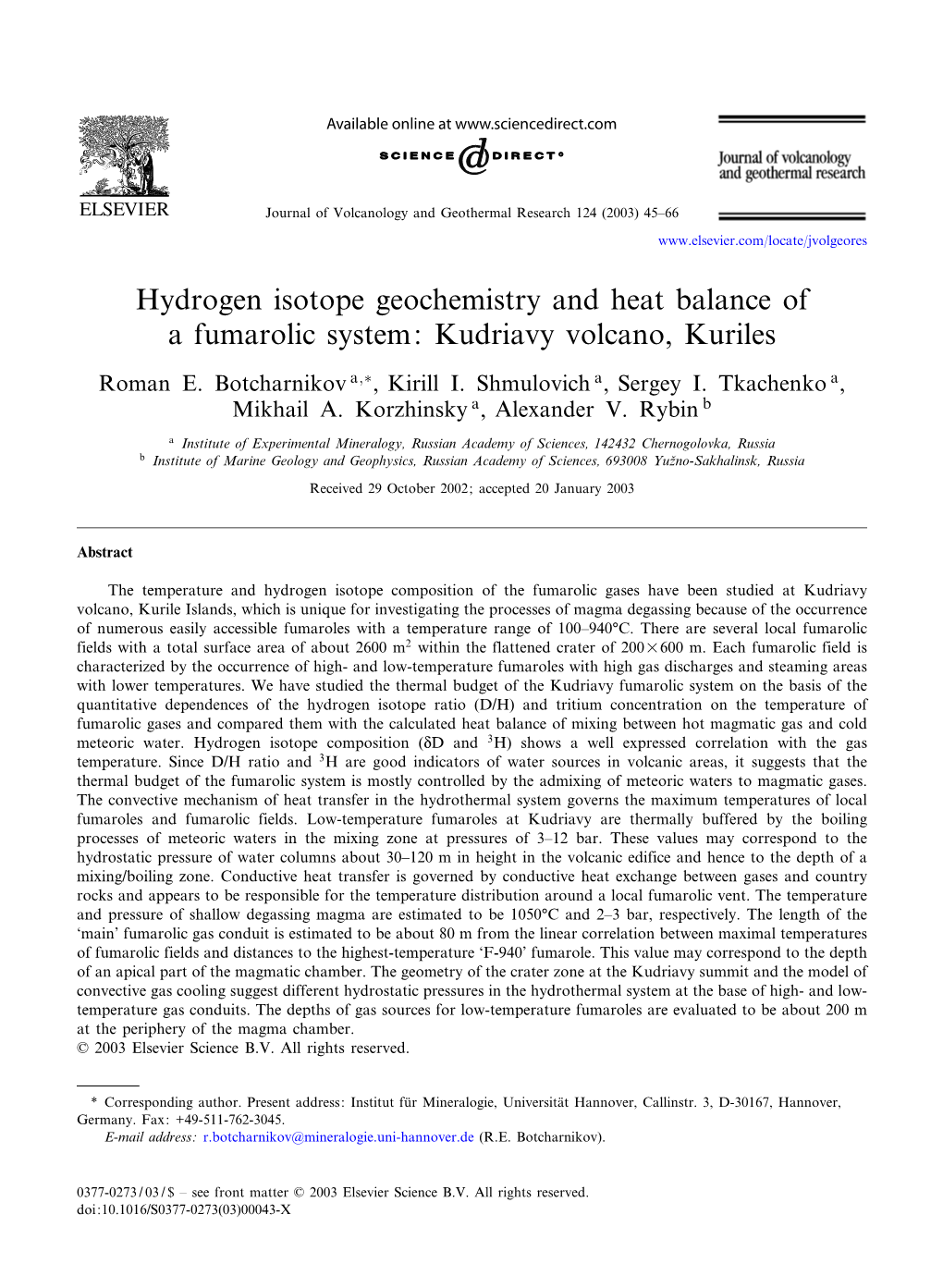 Hydrogen Isotope Geochemistry and Heat Balance of a Fumarolic System: Kudriavy Volcano, Kuriles