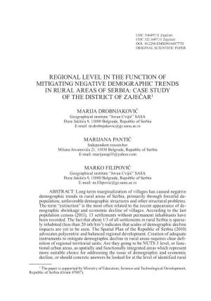 Regional Level in the Function of Mitigating Negative Demographic Trends in Rural Areas of Serbia: Case Study of the District of Zaječar1
