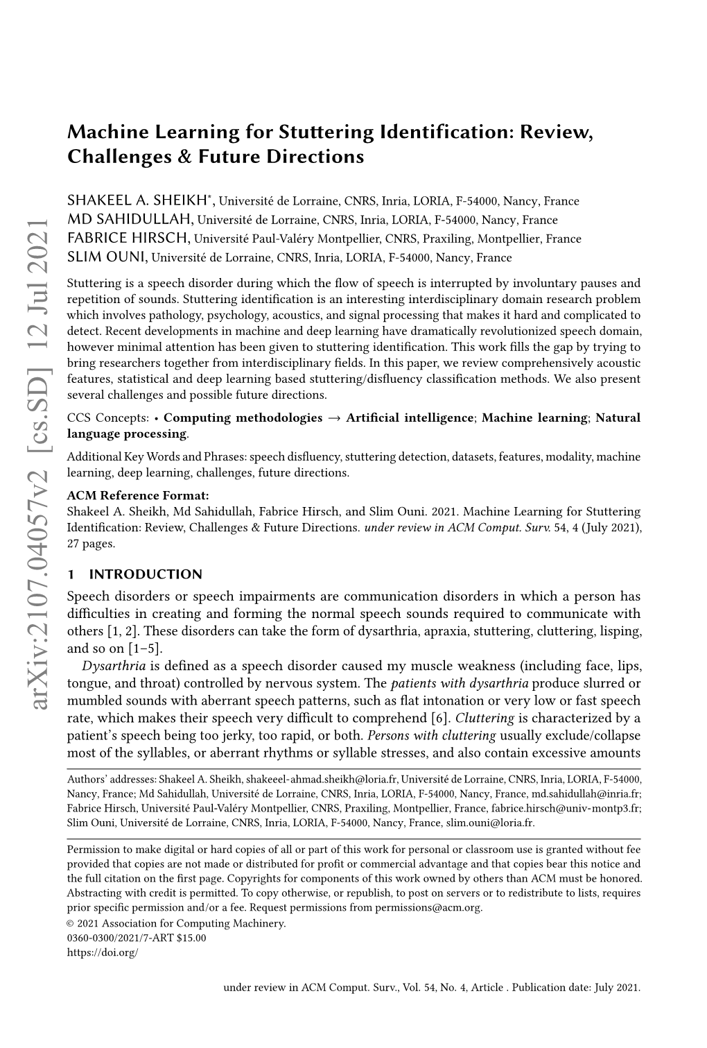 Machine Learning for Stuttering Identification: Review, Challenges & Future Directions