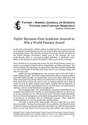 Fafnir Becomes First Academic Journal to Win a World Fantasy Award