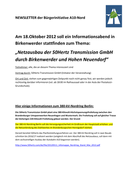 Netzausbau Der 50Hertz Transmission Gmbh Durch Birkenwerder Und Hohen Neuendorf“