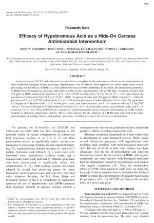 Efficacy of Hypobromous Acid As a Hide-On Carcass Antimicrobial Intervention3