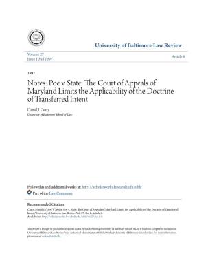 POE V. STATE: the COURT of APPEALS of Maryland LIMITS the APPLICABILITY of the DOCTRINE of TRANSFERRED INTENT