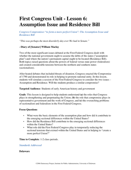 First Congress Unit - Lesson 6: Assumption Issue and Residence Bill