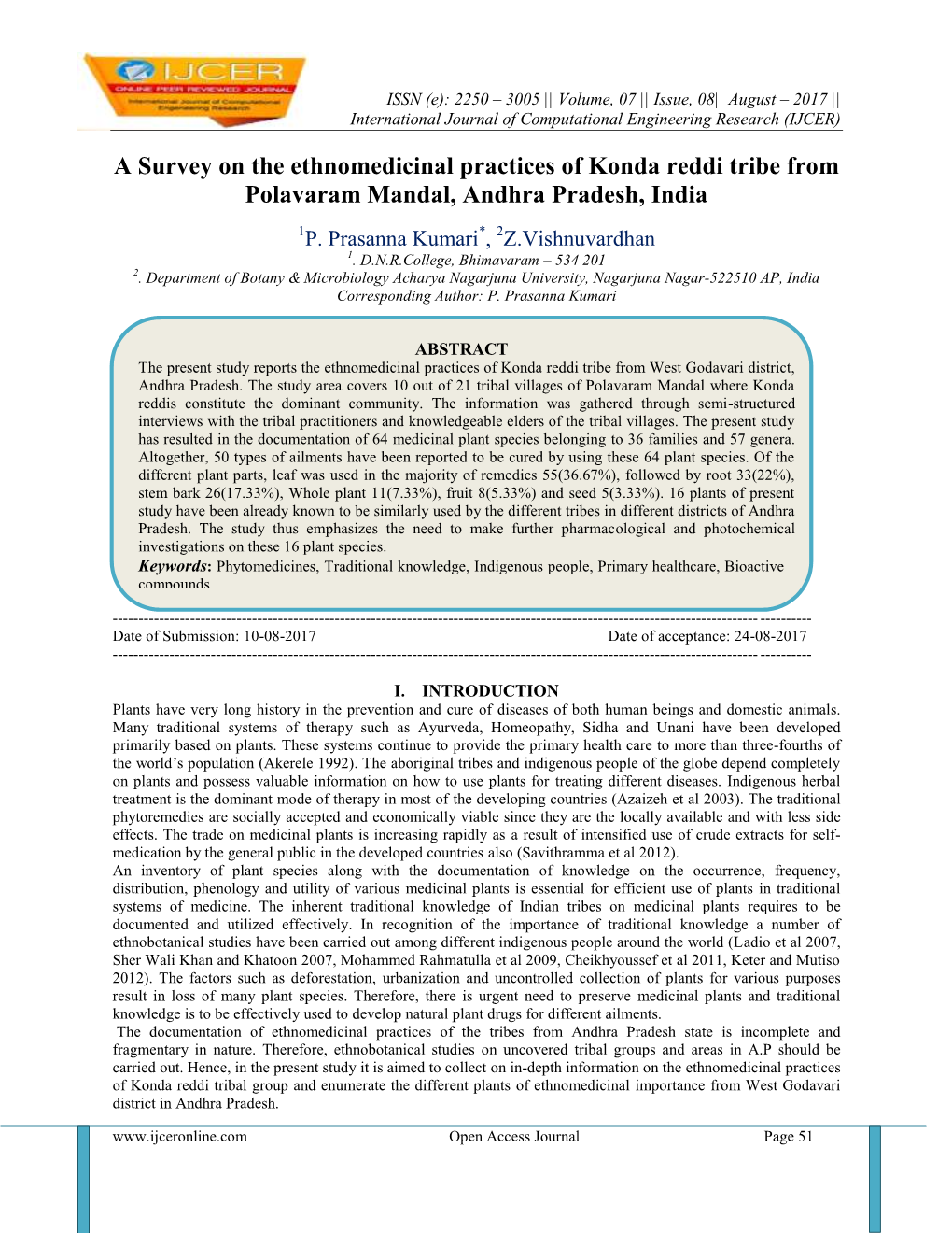 A Survey on the Ethnomedicinal Practices of Konda Reddi Tribe from Polavaram Mandal, Andhra Pradesh, India