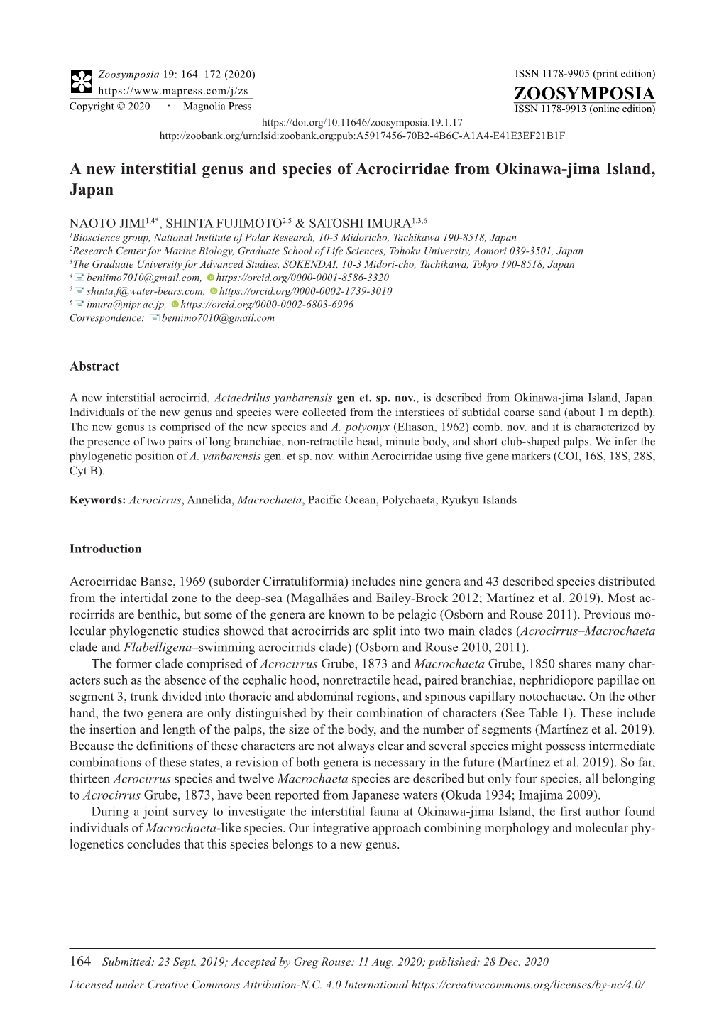 A New Interstitial Genus and Species of Acrocirridae from Okinawa-Jima Island, Japan