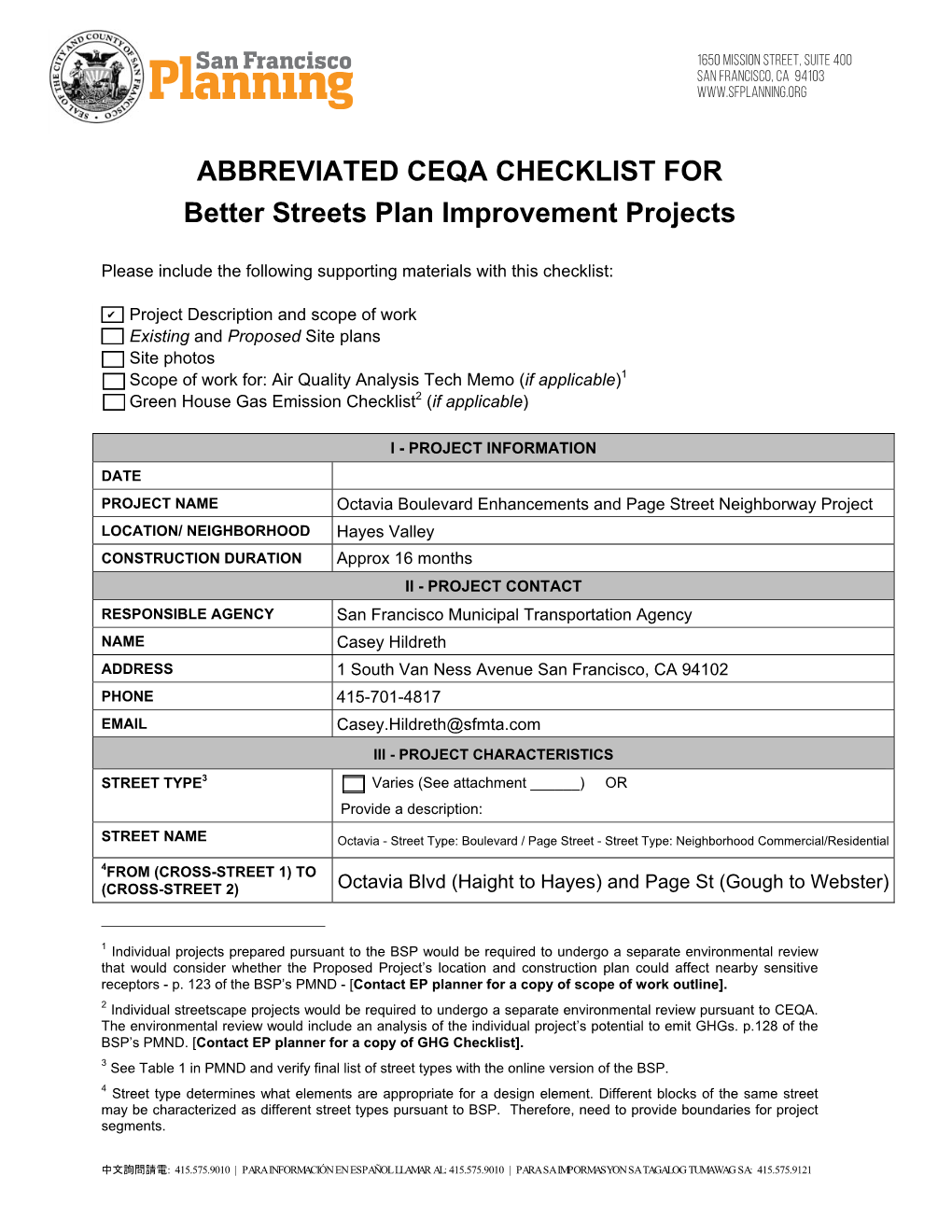 Octavia Blvd Enhancements and Page St Neighborway Memo