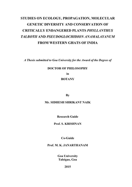 Studies on Ecology, Propagation, Molecular Genetic Diversity and Conservation of Critically Endangered Plants Phyllanthus Talbot
