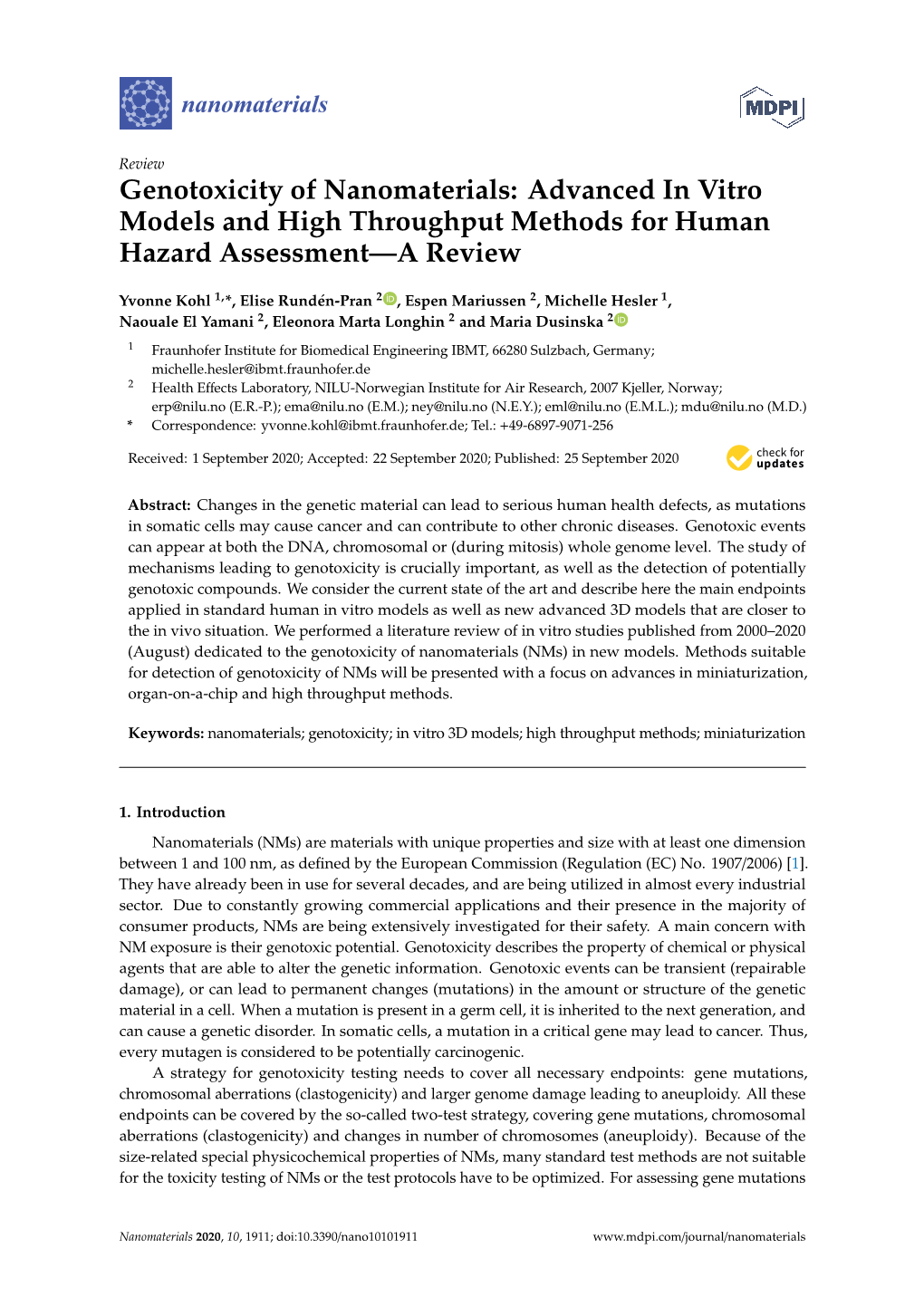 Genotoxicity of Nanomaterials: Advanced in Vitro Models and High Throughput Methods for Human Hazard Assessment—A Review