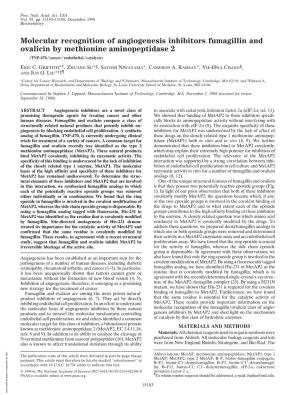 Molecular Recognition of Angiogenesis Inhibitors Fumagillin and Ovalicin by Methionine Aminopeptidase 2 (TNP-470͞Cancer͞endothelial͞catalysis)