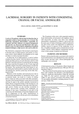Lacrimal Surgery in Patients with Congenital Cranial Or Facial Anomalies