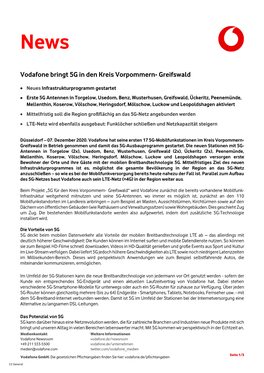Vodafone Bringt 5G in Den Kreis Vorpommern- Greifswald