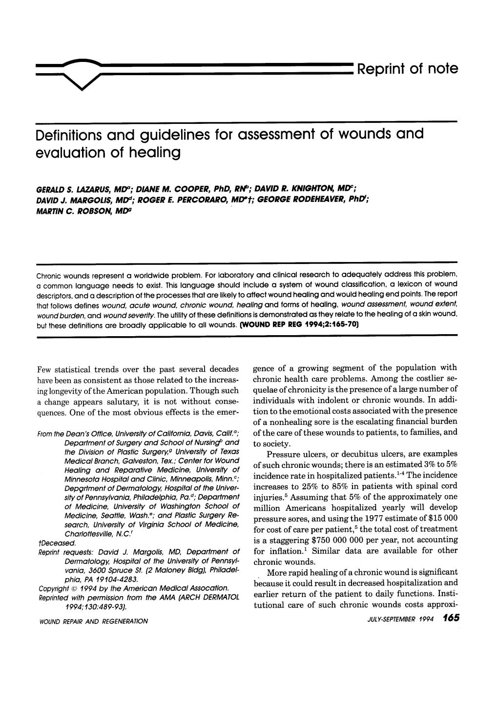 Definitions and Guidelines for Assessment of Wounds and Evaluation of Healing