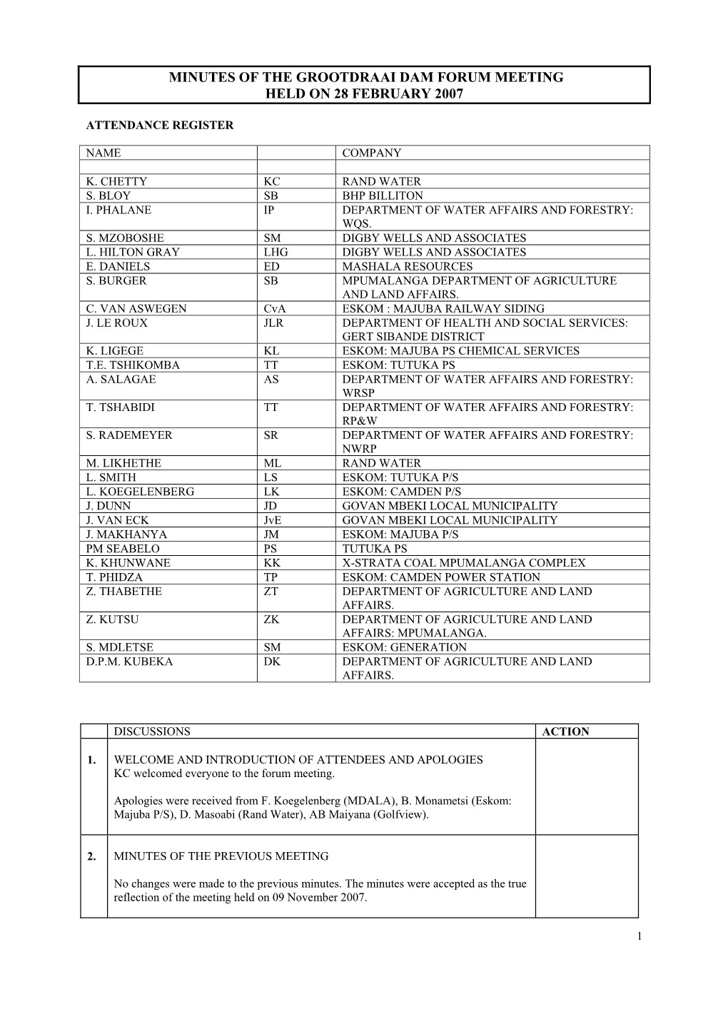 Minutes of the Grootdraai Dam Forum Meeting Held on 28 February 2007