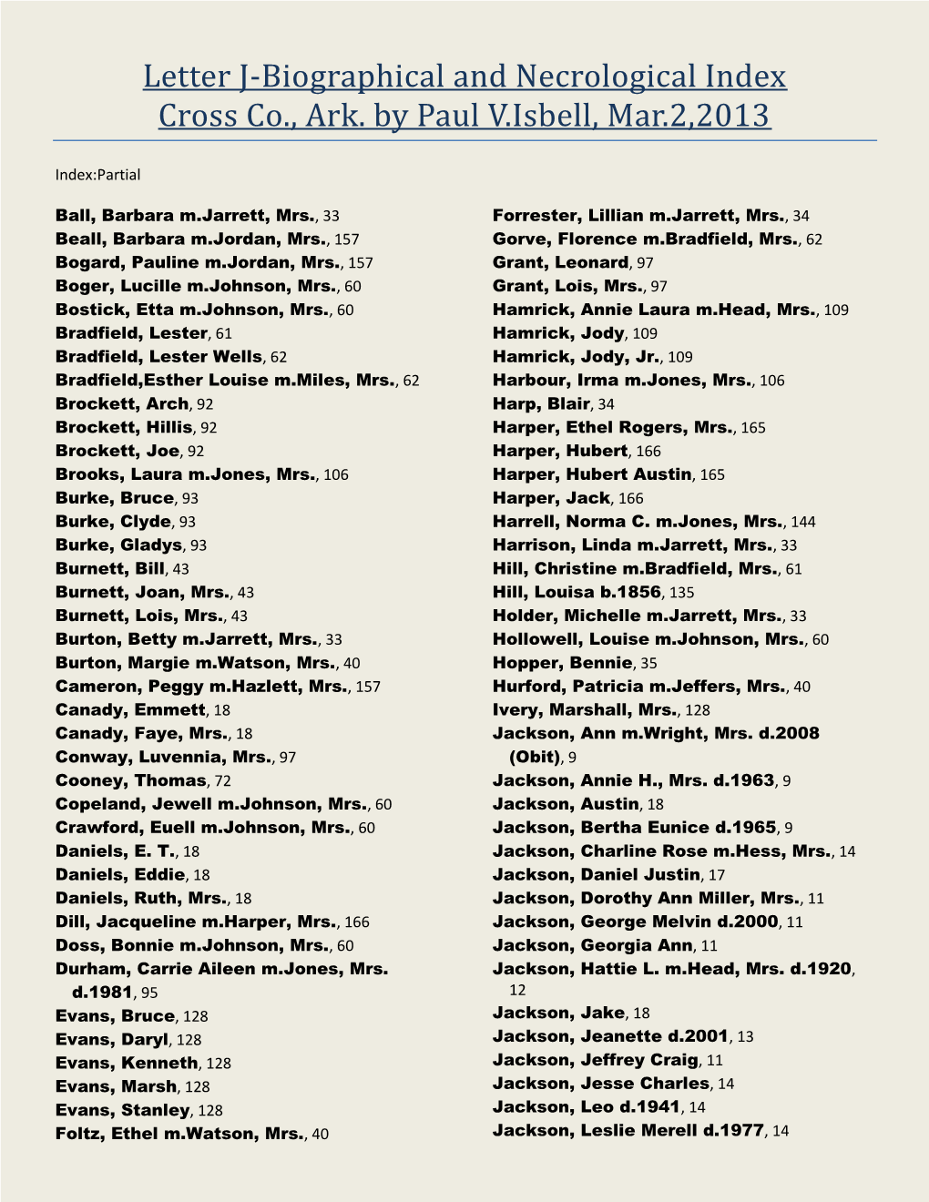 Letter J-Biographical and Necrological Index Cross Co., Ark
