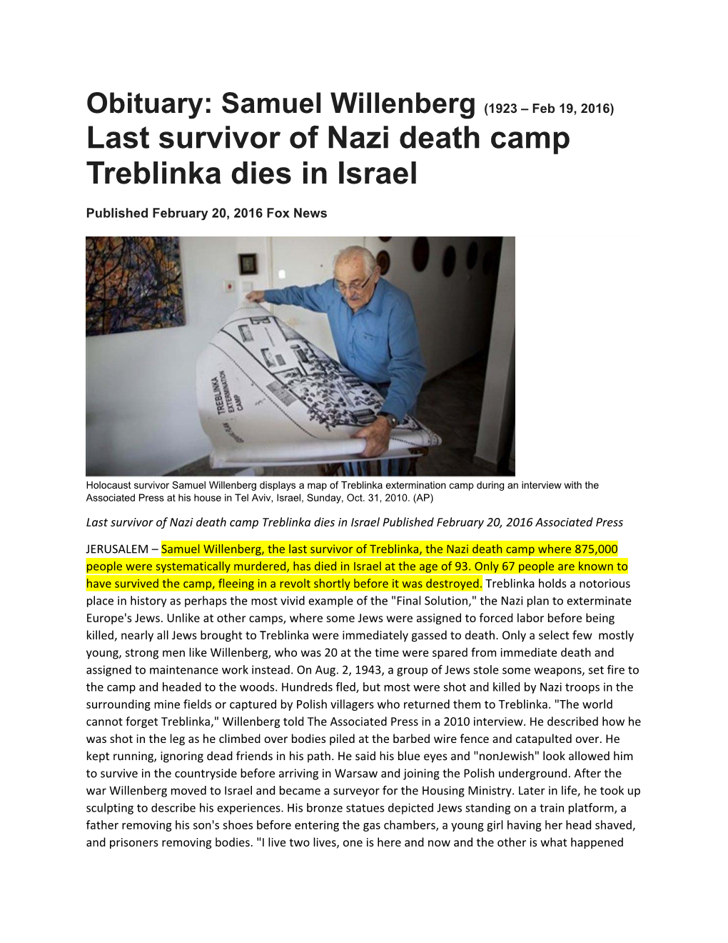 Last Survivor of Nazi Death Camp Treblinka Dies in Israel