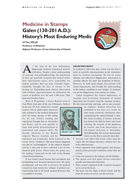 Medicine in Stamps Galen (130-201 A.D.): History’S Most Enduring Medic S Y Tan, MD, JD Professor of Medicine Adjunct Professor of Law, University of Hawaii