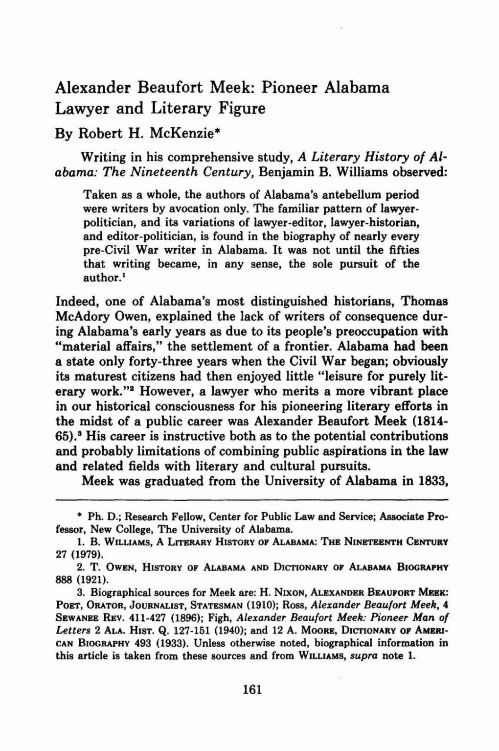 Alexander Beaufort Meek: Pioneer Alabama Lawyer and Literary Figure by Robert H
