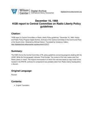 December 16, 1968 KGB Report to Central Committee on Radio Liberty Policy Guidelines