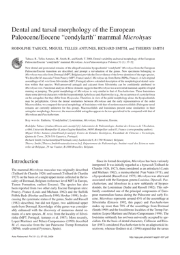 Dental and Tarsal Morphology of the European Paleocene/Eocene “Condylarth” Mammal Microhyus