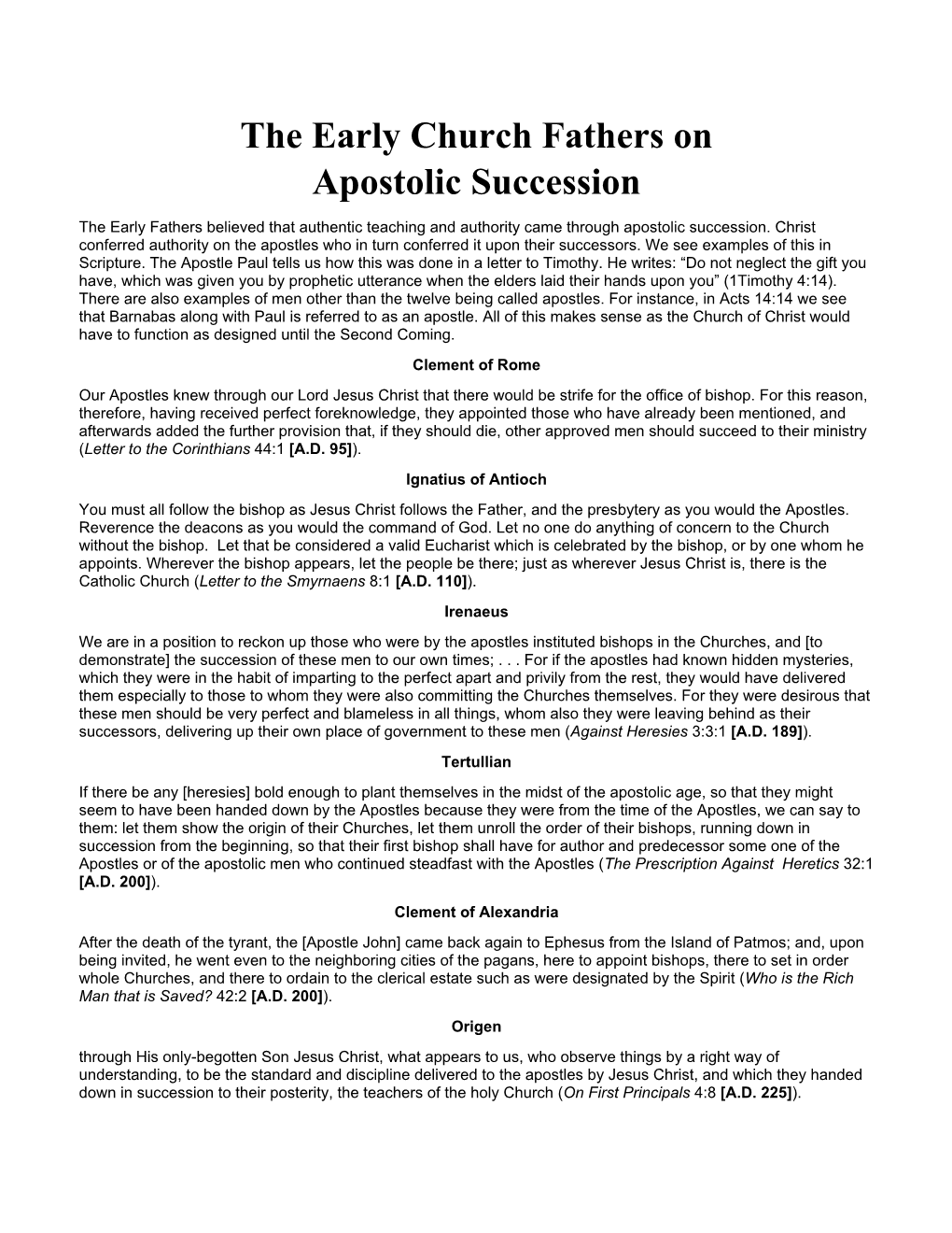 The Early Church Fathers on Apostolic Succession