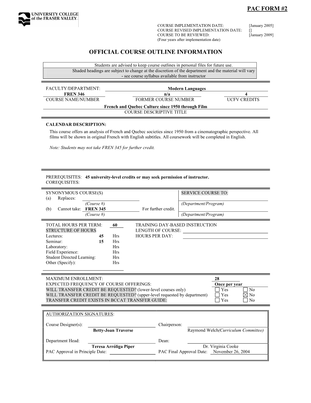 Pac Form #2 Official Course Outline Information