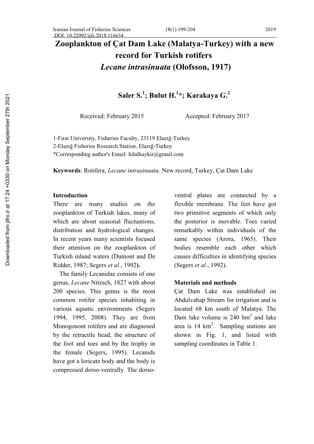 With a New Record for Turkish Rotifers Lecane Intrasinuata (Olofsson, 1917)