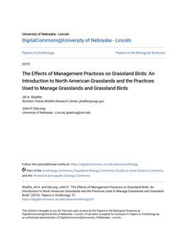 The Effects of Management Practices on Grassland Birds: an Introduction to North American Grasslands and the Practices Used to Manage Grasslands and Grassland Birds