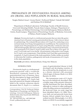 Prevalence of Dientamoeba Fragilis Among an Orang Asli Population in Rural Malaysia