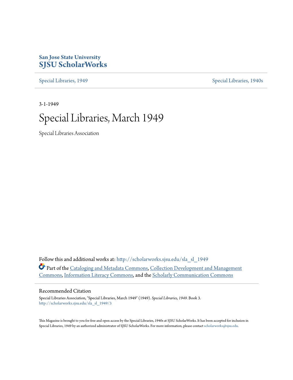 Special Libraries, March 1949 Special Libraries Association