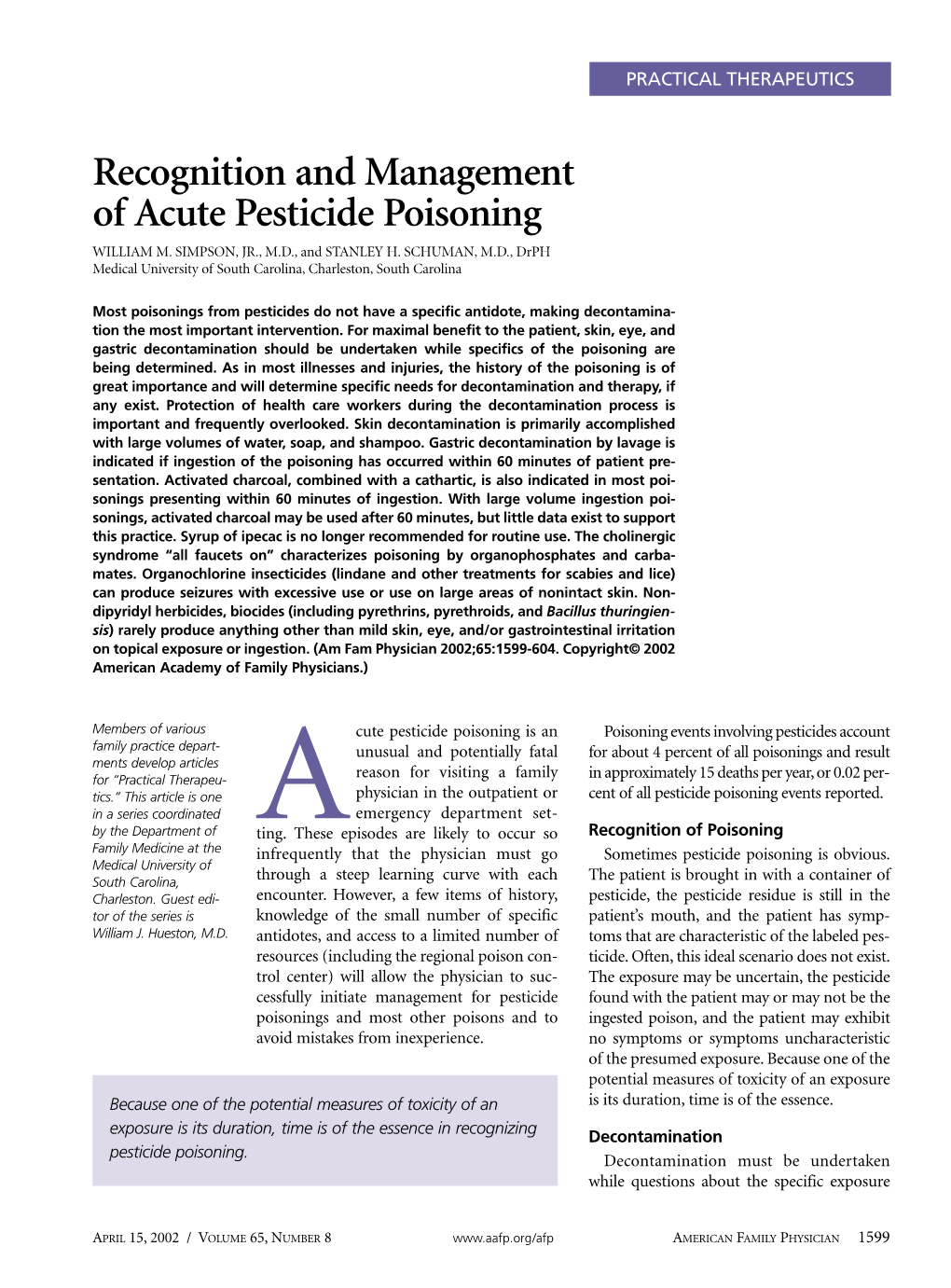 Recognition and Management of Acute Pesticide Poisoning WILLIAM M