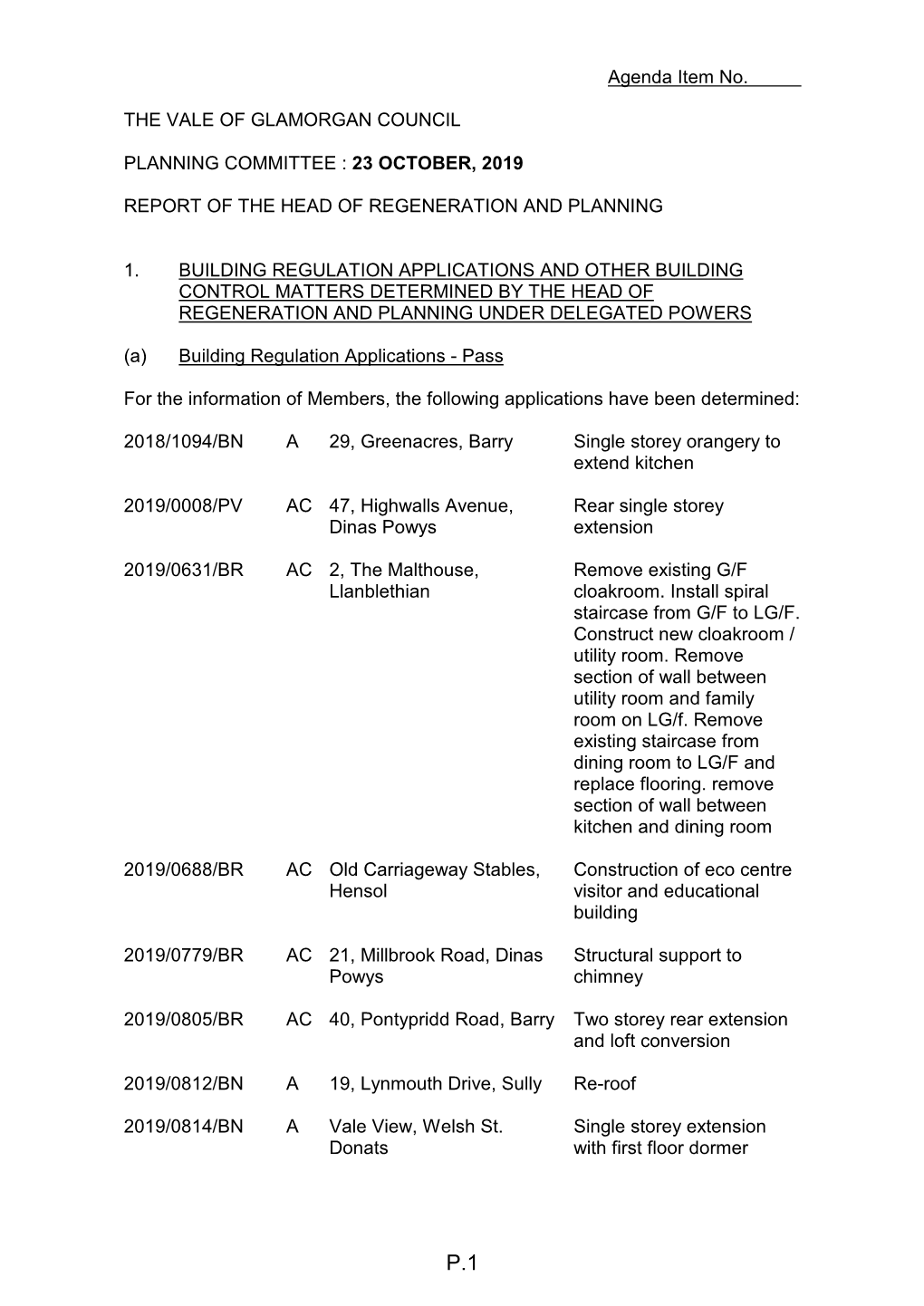 Planning Committee Agenda 23 October 2019