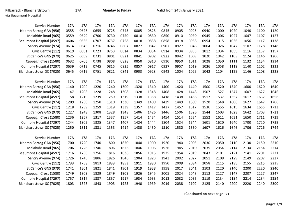 Kilbarrack - Blanchardstown 17A Monday to Friday Valid from 24Th January 2021 Via Beaumont Hospital