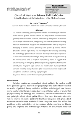 Classical Works on Islamic Political Order: Critical Evaluation of the Methodology of the Modern Scholars