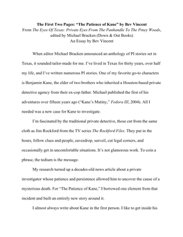 The First Two Pages: “The Patience of Kane” by Bev Vincent from The