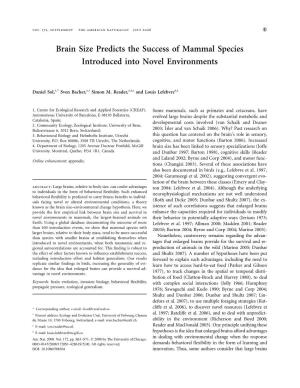 Brain Size Predicts the Success of Mammal Species Introduced Into Novel Environments
