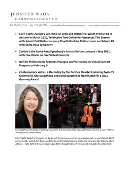 Ellen Taaffe Zwilich's Concerto for Cello and Orchestra, Which Premiered to Acclaim in March 2020, to Receive Two Online P
