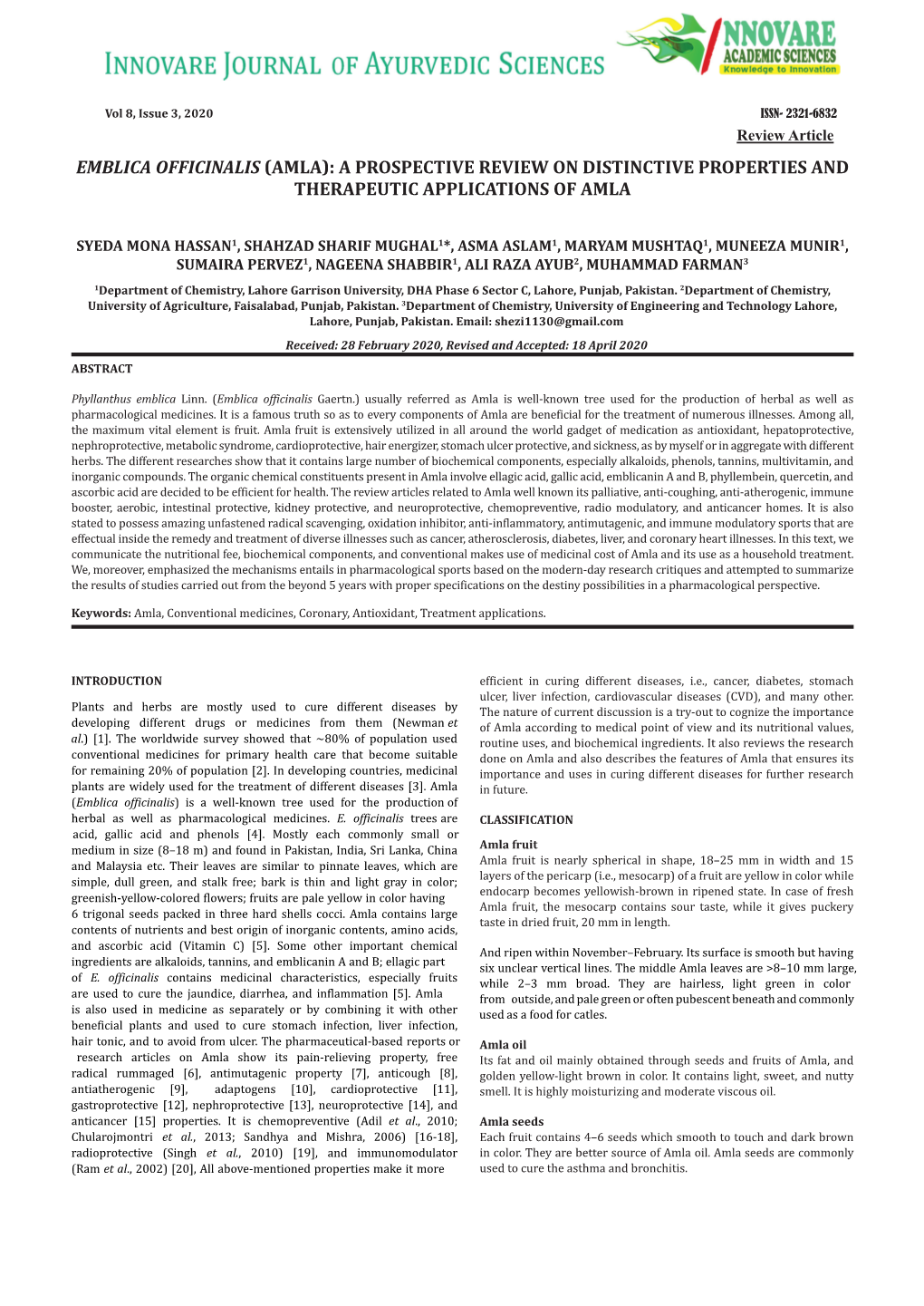 Emblica Officinalis (Amla): a Prospective Review on Distinctive Properties and Therapeutic Applications of Amla