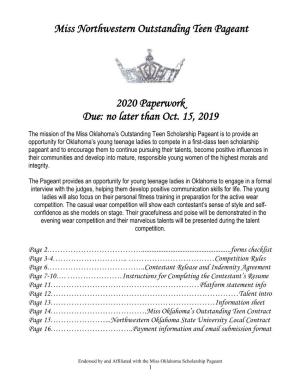 Miss Northwestern Outstanding Teen Pageant 2020 Paperwork