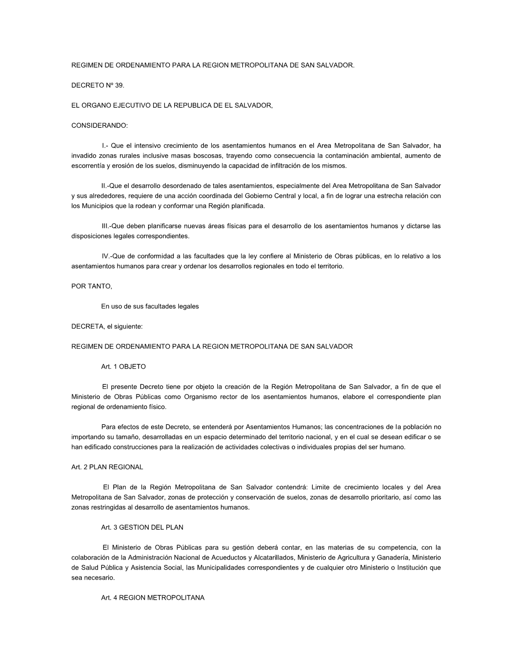 Regimen De Ordenamiento Para La Region Metropolitana De San Salvador