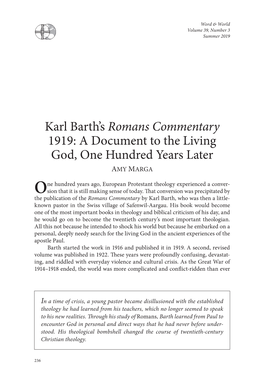 Karl Barth's Romans Commentary 1919: a Document