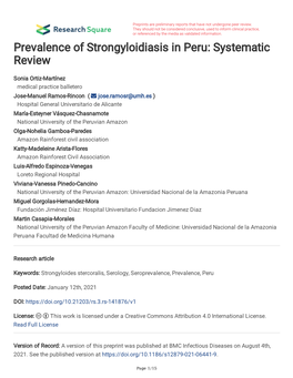Prevalence of Strongyloidiasis in Peru: Systematic Review