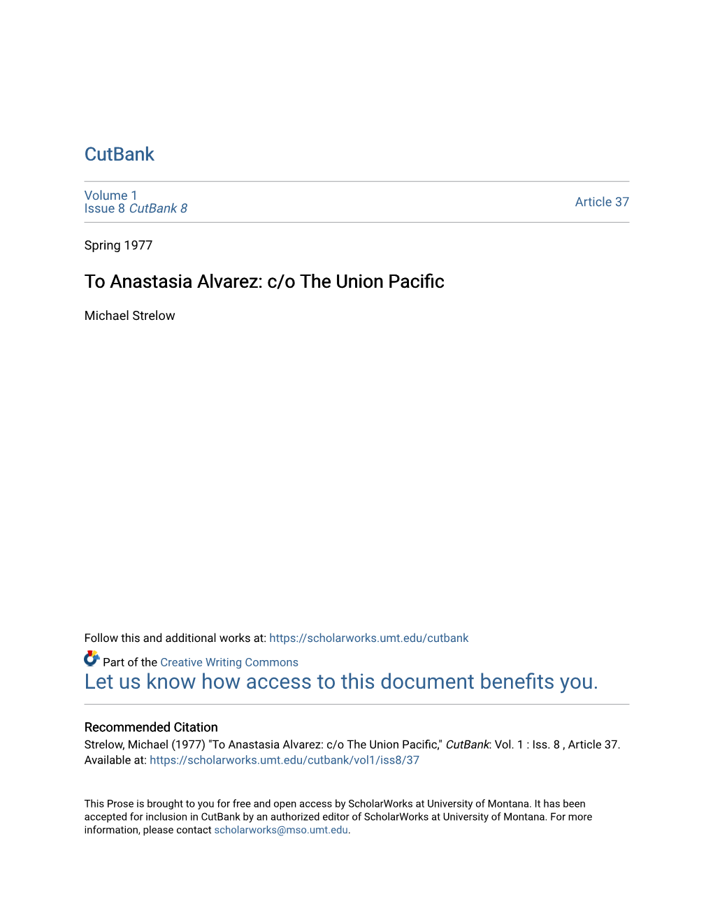 To Anastasia Alvarez: C/O the Union Pacific