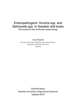 Enteropathogenic Yersinia Spp. and Salmonella Spp. in Swedish Wild Boars the Presence and Molecular Epidemiology
