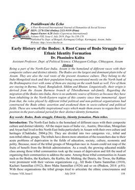 Early History of the Bodos: a Root Cause of Bodo Struggle for Ethnic Identity Formation Dr