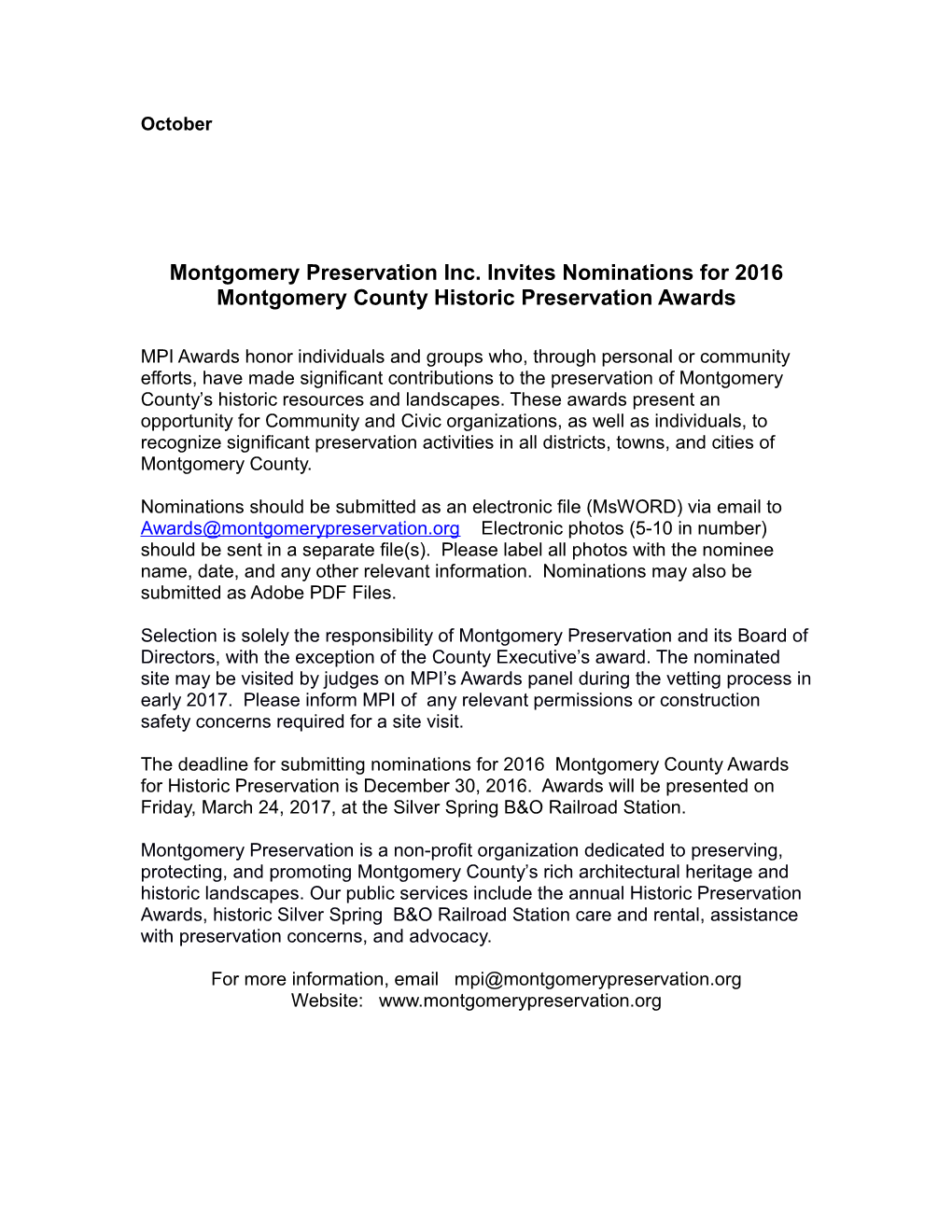 Montgomery Preservation Inc. Invites Nominations for 2016 Montgomery County Historic