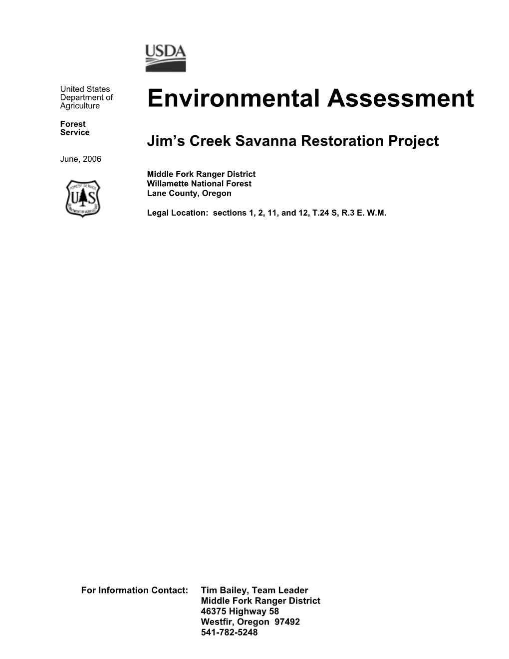 Environmental Assessment Forest Service Jim’S Creek Savanna Restoration Project